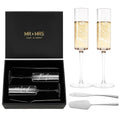 Engagement Gifts for Couples Mr and Mrs Champagne Flutes (Love is Sweet（Sliver Cake Knife） / Set of 4（Gift box）)