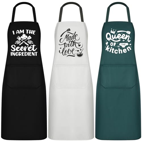 3 Pack Women Funny Cooking Aprons with Pockets (Black, Green, White)