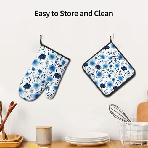 Blue Floral Oven Mitts and Pot Holders Sets of 3 (Blue-floral)