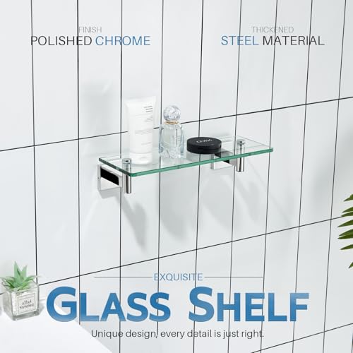 Bathroom Shelves Wall Mounted Floating Glass Shelf Polished Stainless Steel 12 (Polished Chrome / 12-Inch(2 Pack))