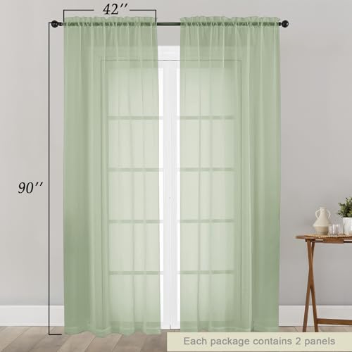 Sheer Light Green Curtains for Bedroom Living Room 90 Inches Long 2 Panels Set (Light Green / 42"W x 90"L (Pack of 2))