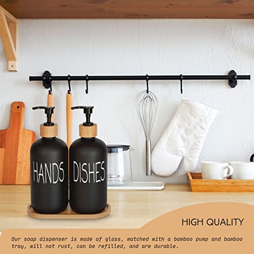 Glass Soap Dispenser Set. Hand and Dish with Bamboo Tray. Vintage Pump for Kitchen Drain Outlet Bathroom. Stylish Permanent Labels (Matte Black)