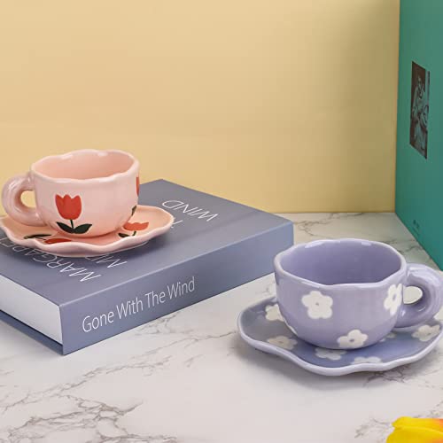 6oz Irregular Saucer Ceramic Mug (Pink Tulips)