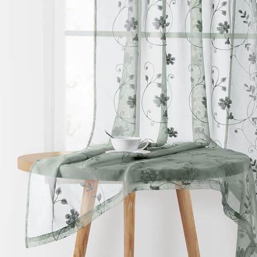 Sage Green Sheer Curtains 63 Inches Length 2 Panels Embroidered Floral Pattern Semi Sheer Window Curtains for Bedroom Living Room (52"W x 63"L (Pack of 2) / Sage Green)