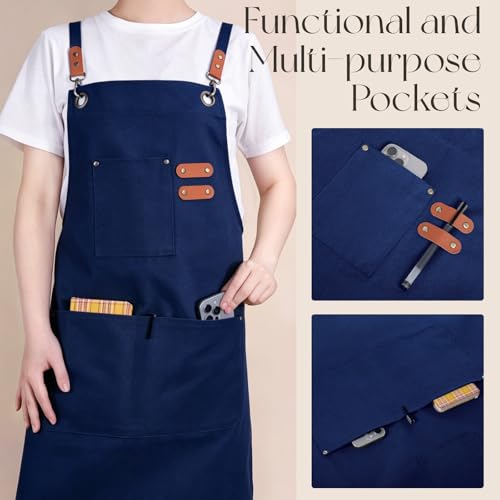 Chef Aprons for Men Women with Large Pockets (Navy Blue)
