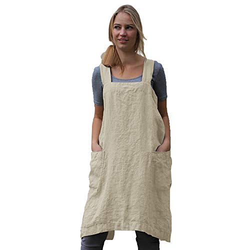 Women's Pinafore Square Apron Baking Cooking Gardening Works Cross Back Cotton (X-Large / Y-apricot)