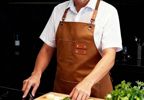 Canvas Cross Back Chef Cotton Apron for Men Women (Brown)