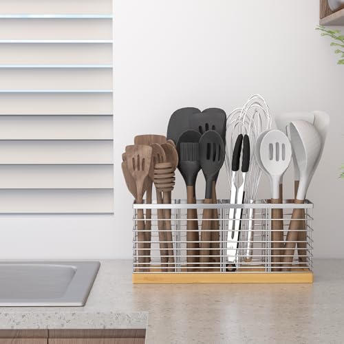 Extra Large Kitchen Utensil Holder Countertop with Removable Divider (Silvery)