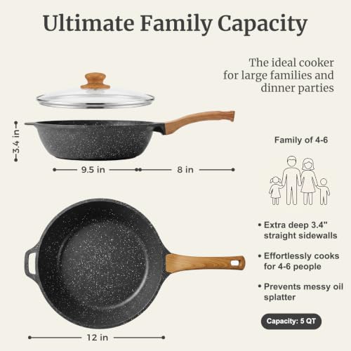 12 Inch 5 QT Nonstick Deep Frying Pan with Glass Lid (Gray / 12 Inch/5 QT)