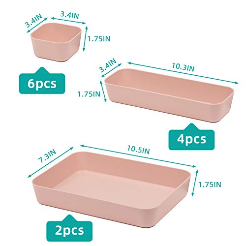 Set Of 12 Pink Color Plastic Desk Drawer Organizers For Makeup Bathroom Office Kitchen Vanity Drawer Storage Box Container (Pink)