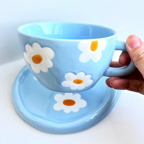 Coffee Mugs Set with Saucer Blue Flowers Cup Gifts for Women Birthday Tea Coffee Mug with Coaster 250 ML Ceramic Cup Birthday Gift for Women Girls Mom Friend Coffee Mug aucer Set (#A Blue Flowers Coffee Mug Set with Saucer)