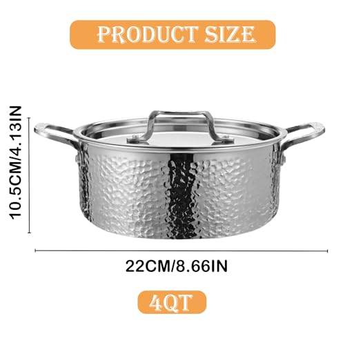 Tri Ply Stainless Steel Stockpot Deep Cooking Pot with Hammered Exterior Compatible with All Stovetops Even Heat Distribution Durable Cookware for Soups Stews and More 4 QT (4 Quarts)
