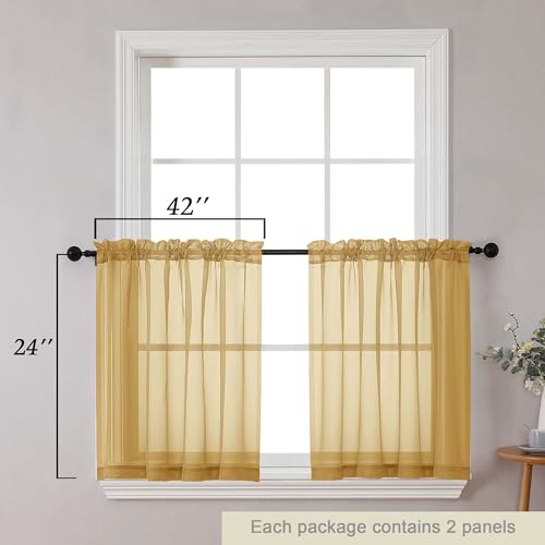 Kitchen Curtains 24 Inch Length Tier 2 Pieces (Gold / 42"W x 24"L (Pack of 2))