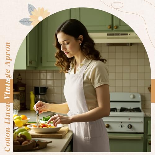 1 Pack 100% Cotton Aprons with Pockets Pinafore Dress for Women Vintage Cotton Apron for Christmas Kitchen Cooking Gifts (Beige / Vintage)