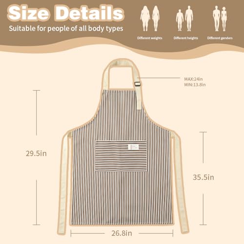 Aprons For Women With Pockets Chef Apron Bib Apron with 2 Large Pockets Adjustable Neck Strap Kitchen Apron Cooking Apron Stripes Baking Apron (Coffee-colored Stripes)