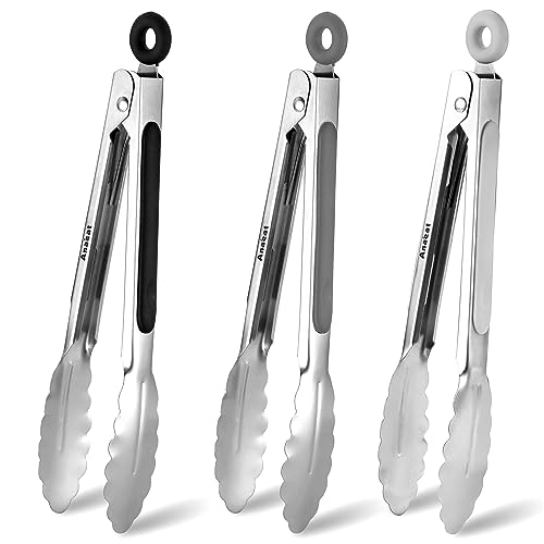 3 Pack 7" Mini Stainless Steel Locking Tongs (7 Inch / 3 Pcs Stainless Steel - Grey, Black, White)