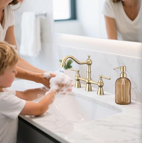 16 OZ Amber Glass Soap Dispenser (Brushed Gold + Amber / 2-Pack)