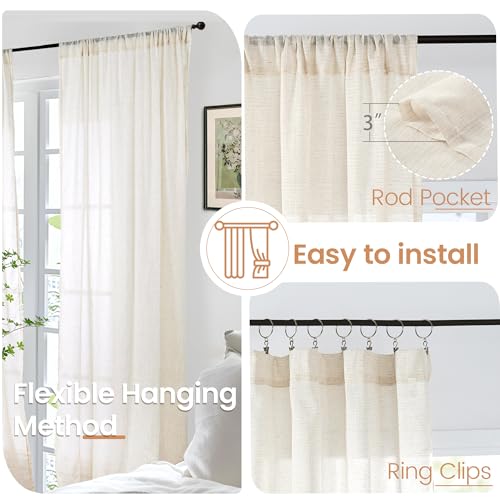 Short Linen Curtains 36 Inch Length for Kitchen Window (Light Beige / 42"W x 36"L (Pack of 2))