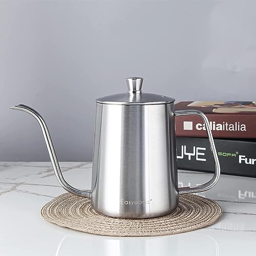 Gage Gooseneck Pour Over Coffee Kettle 20 oz with Thermometer Stainless Steel Hand Drip Coffee Pot With Long Narrow Spout (Silver)