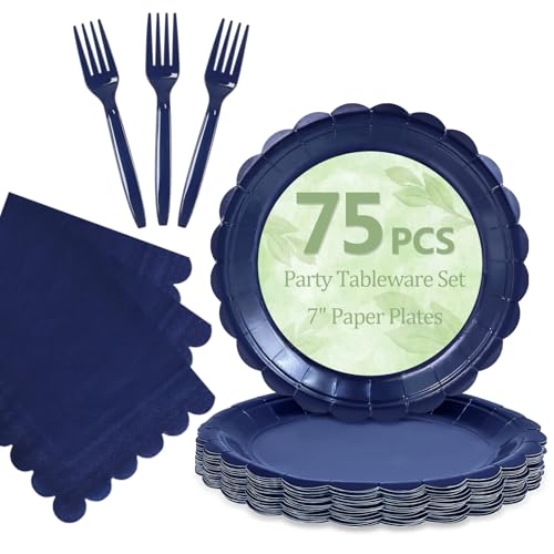 75Pcs Navy Blue Paper Plates and Napkins Disposable for Party (Navy Blue 75 Plates Set / 7-inch Set)