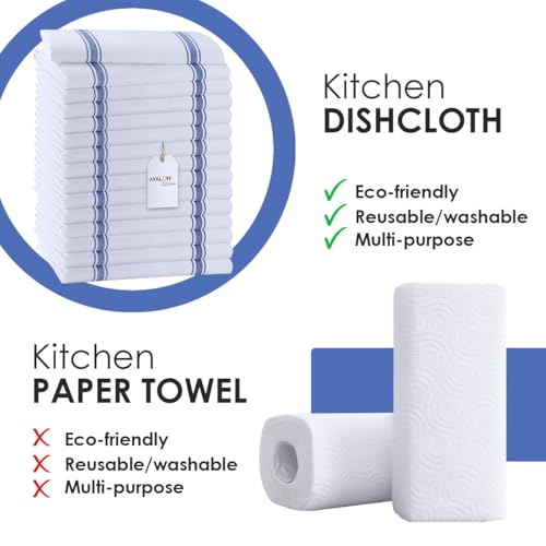 Dish Towels 15 Pack Blue Stripe 100% Cotton Kitchen Towel 15x25 Inch Tea Towels (Blue Stripe / Pack of 15)
