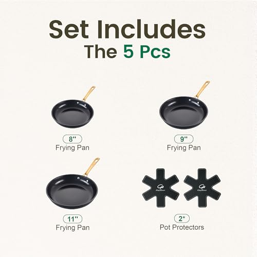 Ceramic Frying Pan with Stainless Steel handle 5Pcs Set (Stone Black and Light Gold)