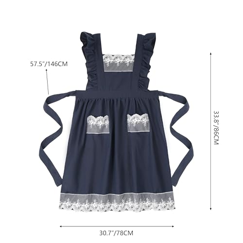 Vintage Aprons for Women with Pockets Cute Lace Ruffle Adjustable Apron for Cooking Kitchen Baking Gardening (Navy Blue)