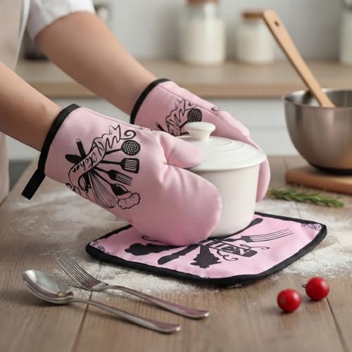 8 Pcs Kitchen Towels and Oven Mitts Sets Pot Holders Dishcloths Set Kitchen Decorative Accessories Absorbent Potholders Heat Resistant for Chef Baking Cooking (Pink and White / Exquisite)
