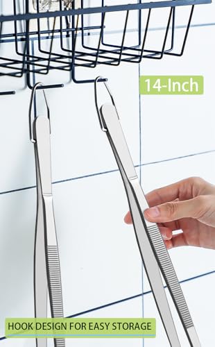 2 Pcs 14 Inch Food Tweezers Stainless Steel Tweezer Tongs Extra (14+14 Inch / Silver)