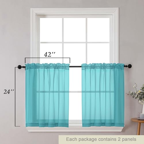 Kitchen Curtains 24 Inch Length Tier 2 Pieces (Turquoise / 42"W x 24"L (Pack of 2))