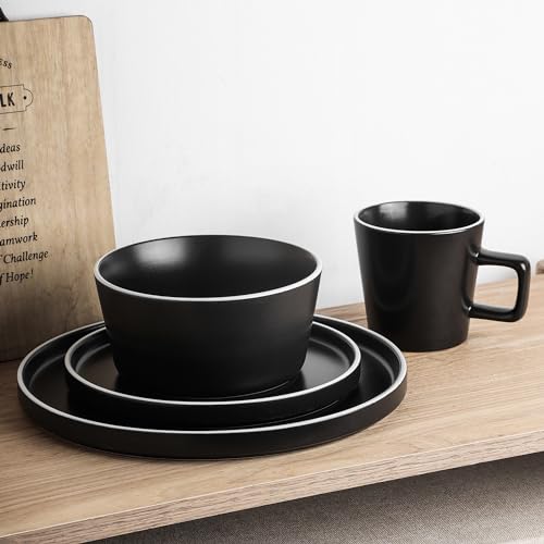 Allison Stoneware Dish Set (Dinnerware Set / Service For 8 / Black Matte, White Rim)