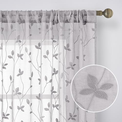 Light Grey Sheer Curtains Vine Embroidered (52"W x 63"L (Pack of 2) / Vine Light Grey)
