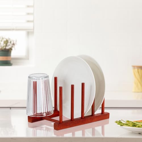 4 Packs Rosewood Wooden Dish Drying Rack Plate Organizer for Cabinet (Rosewood 4 Slots 4pcs)