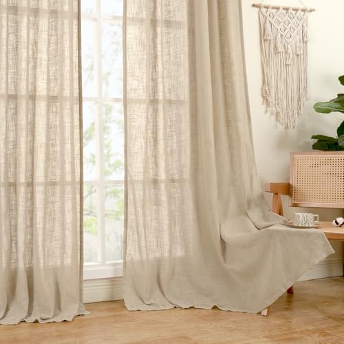 Brown Sheer Linen Curtains 48 inch Length for Kitchen 2 Panels (34"W x 48"L (Pack of 2) / Brown)
