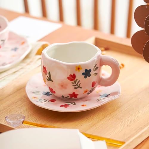 Flower Coffee Mug Pink Fancy Cup with Saucer Set for Women 10 oz (Pink Flowers)