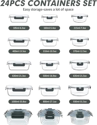12 Packs Glass Food Storage Containers Set with Lids (Grey / 24 Pieces)