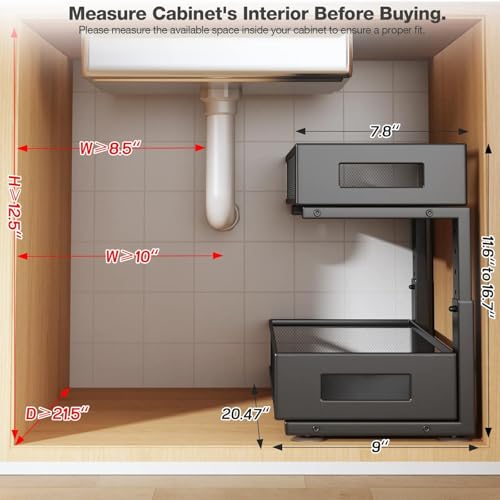 2 Packs 21IN Depth Under Sink Organizer (Black / 2 Pack-21"Dx11.6"-16.7" H)