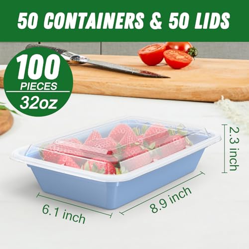 50 Pack (100-Piece) 32 oz Meal Prep Containers with Easy Open Lids, Blue (Blue)