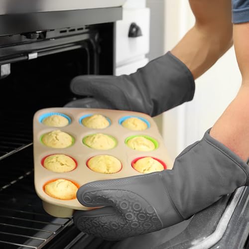 BPA Free Soft Silicone Oven Mitts (Gray / 2-Piece 13.7" Oven Mitts)