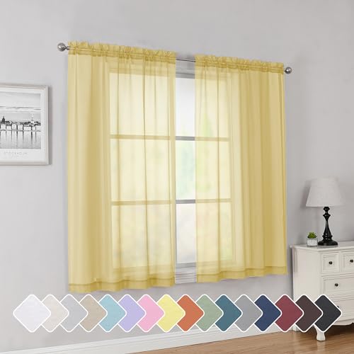 Yellow Short Sheer Curtains 45 Inch Length for Small Windows (Yellow / 42"W x 45"L (Pack of 2))