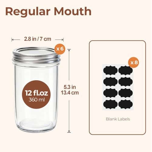 12 oz Mason Jars (12 fl oz x 6 - Regular Mouth)