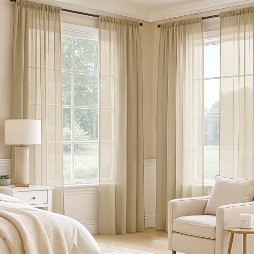 Beige Sheer Curtains 96 Inches Long 4 Panels 54 x 96 Inches (54"W x 96"L (Pack of 4) / Beige)