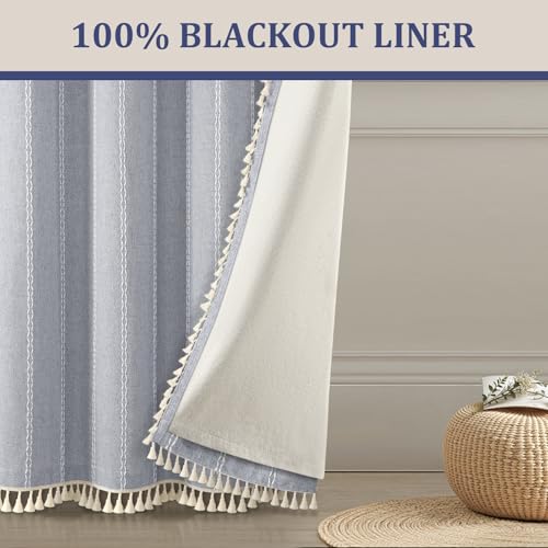 Blue 100% Boho Blackout Curtains 84 Inch 2 Panels with Tassels (Blue / 52"W x 84"L (Pack of 2))