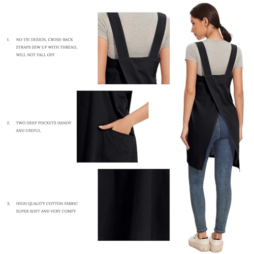 Women Apron with 2 Pockets Cotton Linen Kitchen Baking Cooking Chef Cross Back Pinafore Dress for Work Restaurant Gardening (Medium / Black)