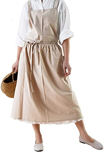 Women Cotton Linen Cross Back Apron with Pockets for Gardening Works Pinafore Dress (Wheat)