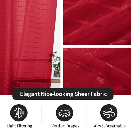 Check Sheer Curtains 84 Inches Long for Living Room (Check - Red / 52"W x 84"L (Pack of 2))