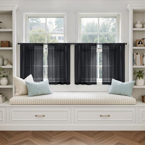4 Panels Half Window Tier Black Sheer Curtains 42 x 36 Inches (42"W x 36"L (Pack of 4) / Black)