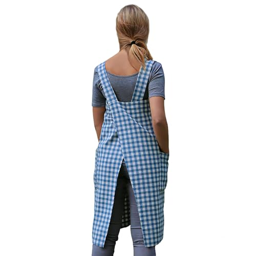 Women's Pinafore Square Apron Baking Cooking Gardening Works Cross Back Cotton (3X-Large / Plaid-skyblue)