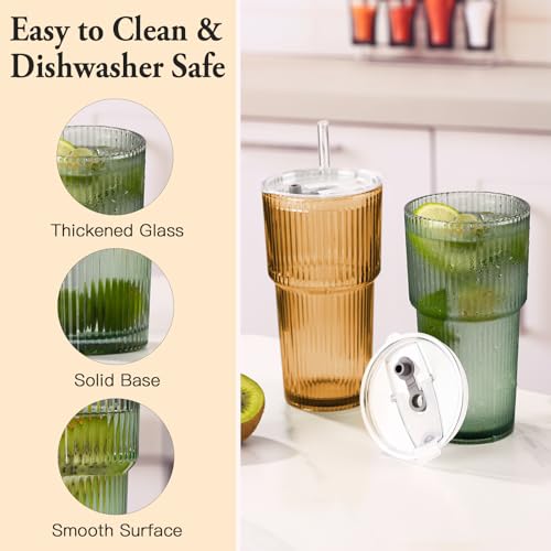 4PCS Colored Ribbed Glass Cups with Lids and Straws (Colored-4)