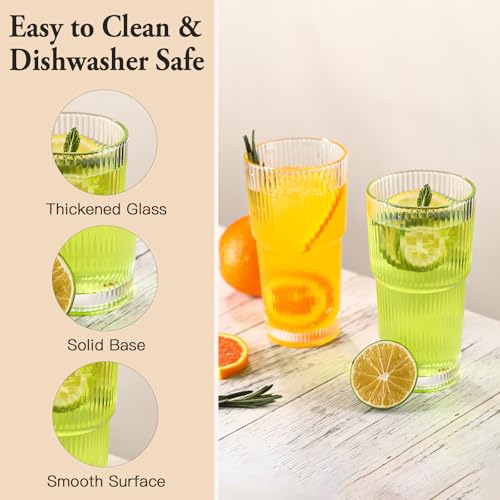 4PCS Ribbed Glass Cups with Lids and Straws (Crystal-4)